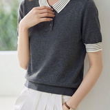 Casual Striped Lapel Short Sleeve Knitted Top - liwisi