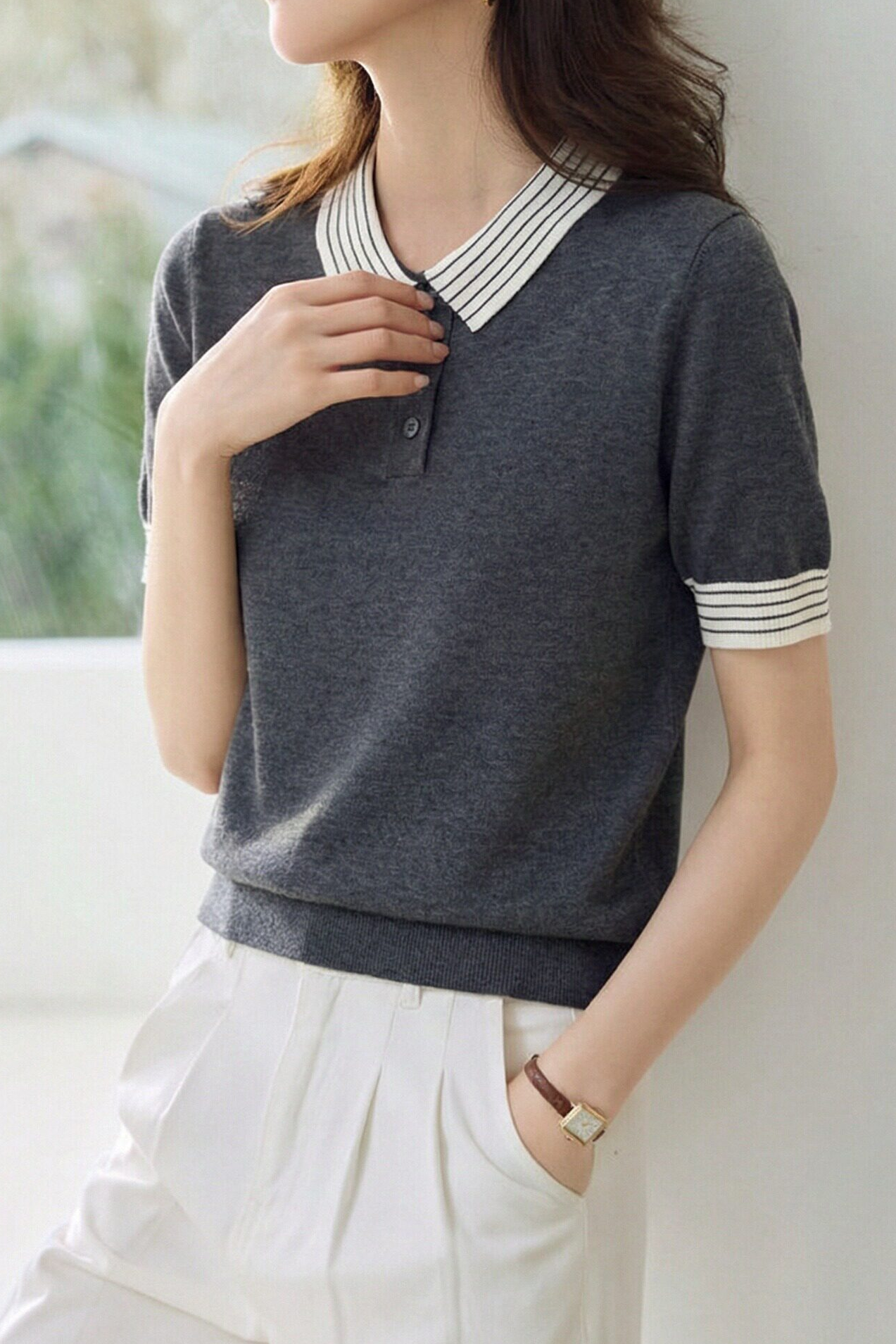 Casual Striped Lapel Short Sleeve Knitted Top - liwisi