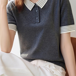 Casual Striped Lapel Short Sleeve Knitted Top - liwisi