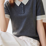 Casual Striped Lapel Short Sleeve Knitted Top - liwisi