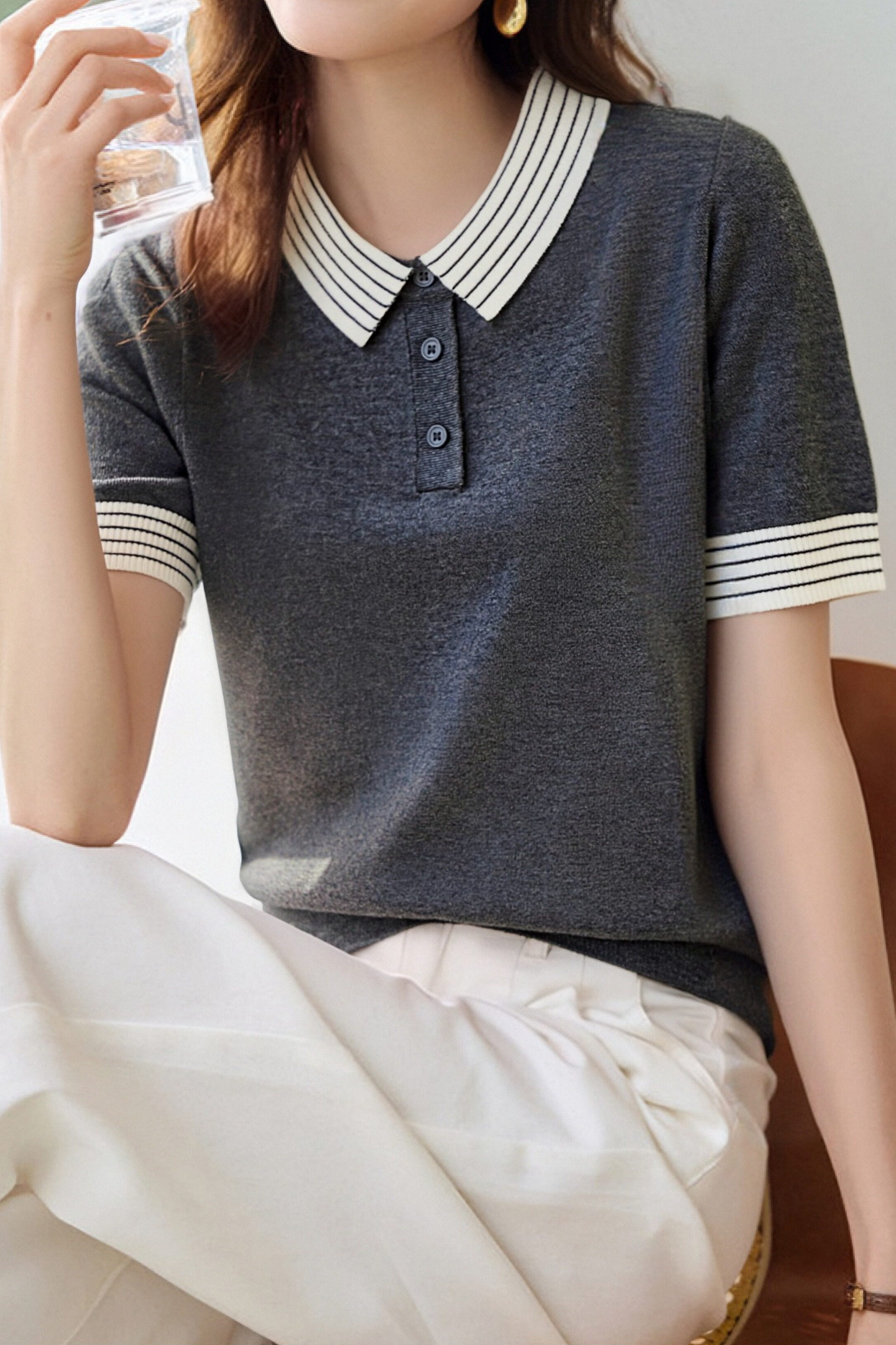Casual Striped Lapel Short Sleeve Knitted Top - liwisi