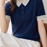 Casual Striped Lapel Short Sleeve Knitted Top - liwisi