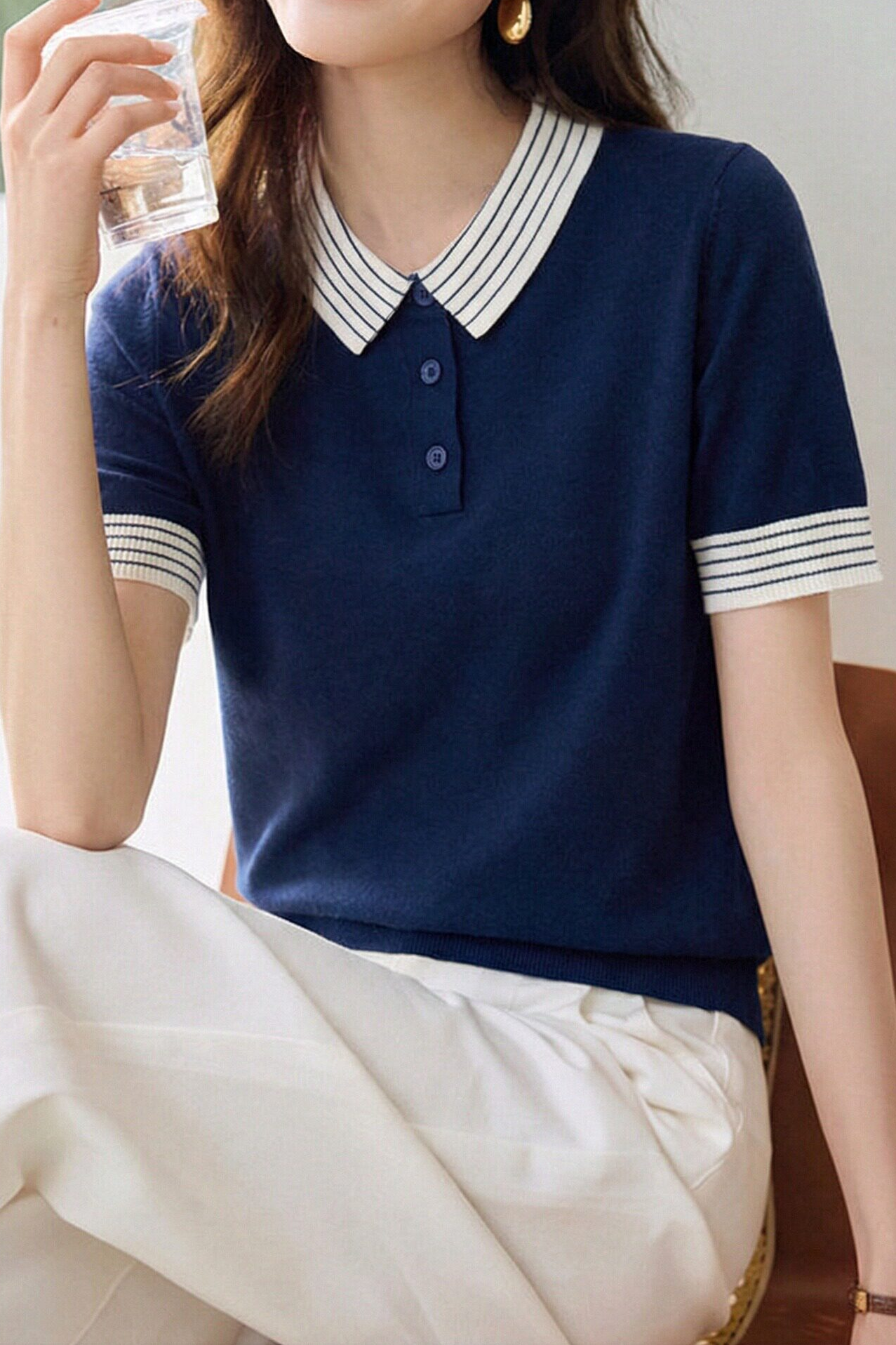 Casual Striped Lapel Short Sleeve Knitted Top - liwisi