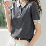 Casual Striped Lapel Short Sleeve Knitted Top - liwisi