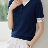 Casual Striped Lapel Short Sleeve Knitted Top - liwisi