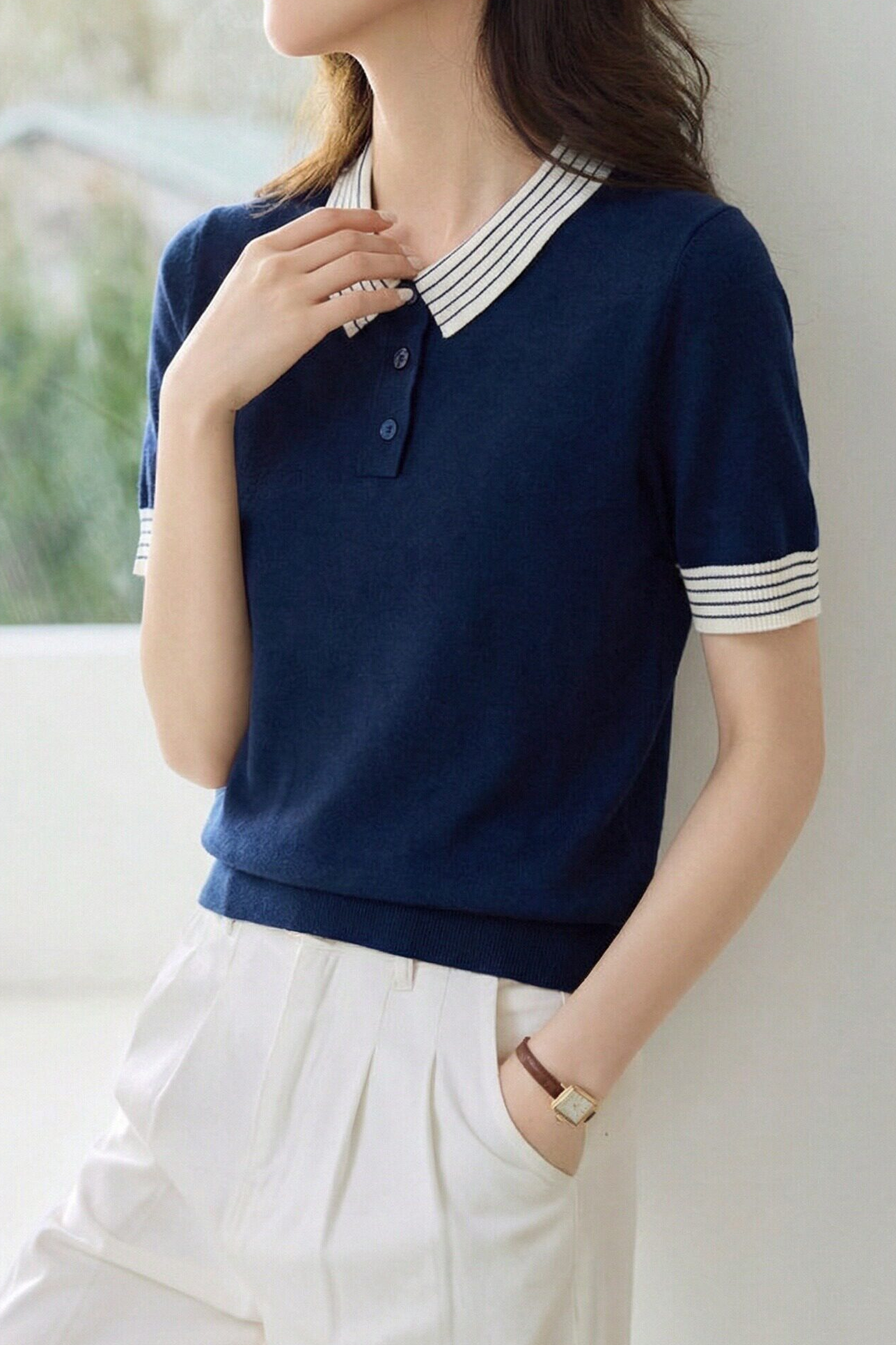 Casual Striped Lapel Short Sleeve Knitted Top - liwisi