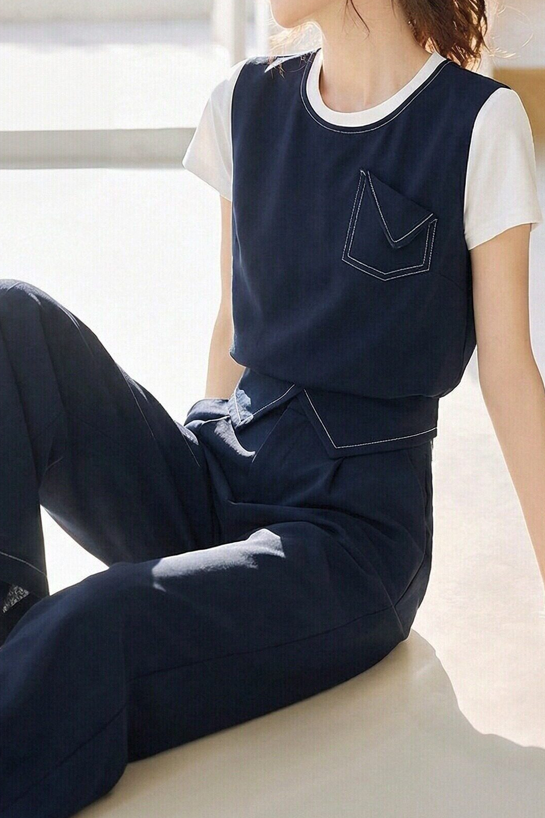 Casual Fake Two-Piece Top & High-Waisted Straight Pants Set - liwisi