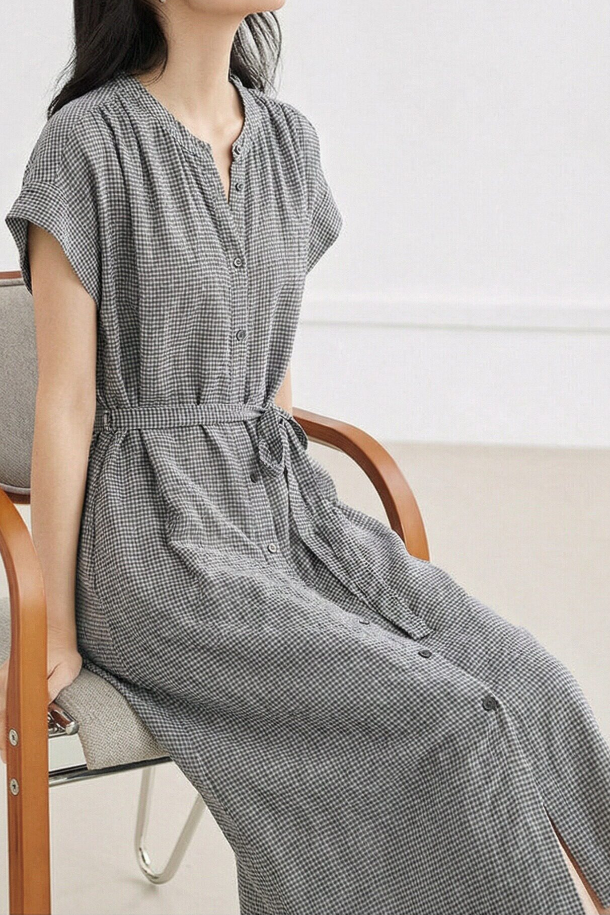 Elegant Linen Plaid Dress - liwisi