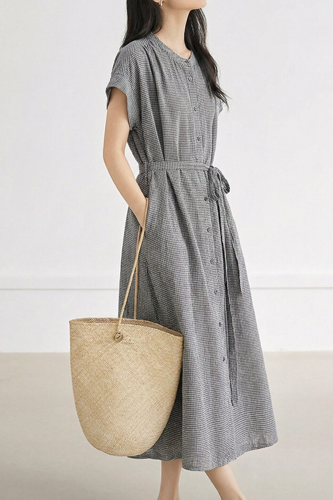 Elegant Linen Plaid Dress - liwisi