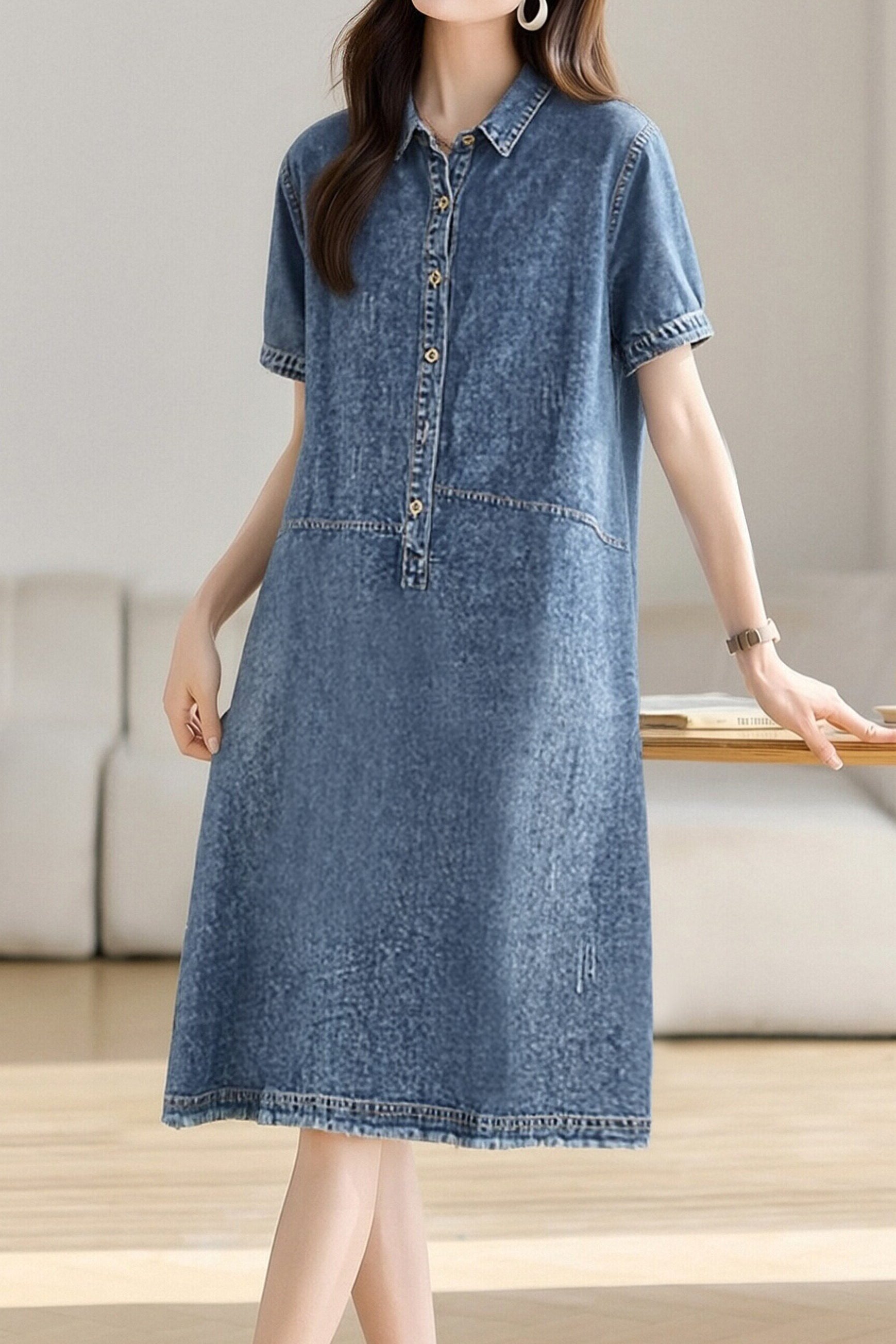 Casual Half-Placket Tassel Denim Dress - liwisi