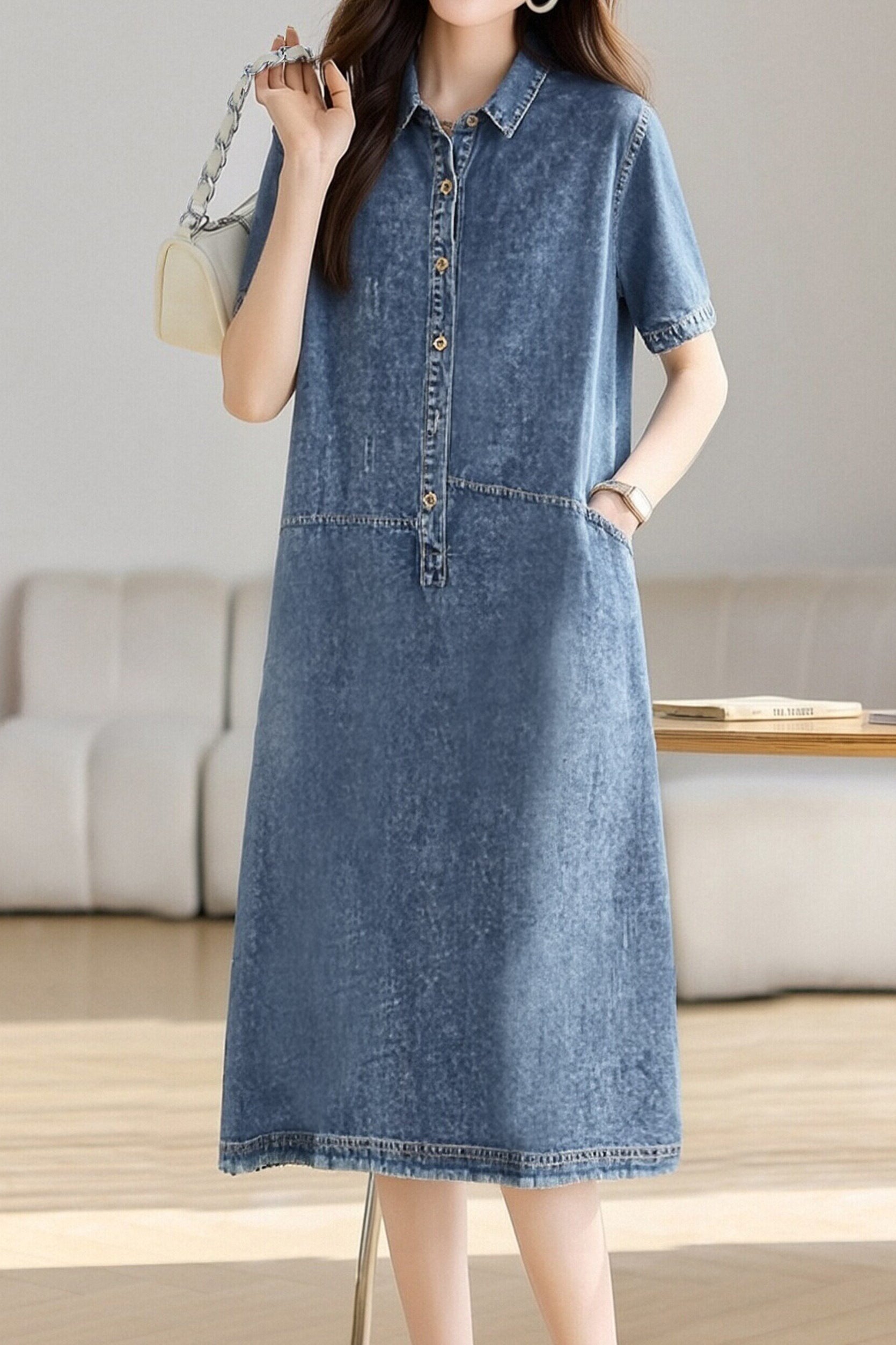 Casual Half-Placket Tassel Denim Dress - liwisi