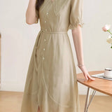 Elegant Lapel Puff Sleeve Slip Dress Two-Piece Set - liwisi