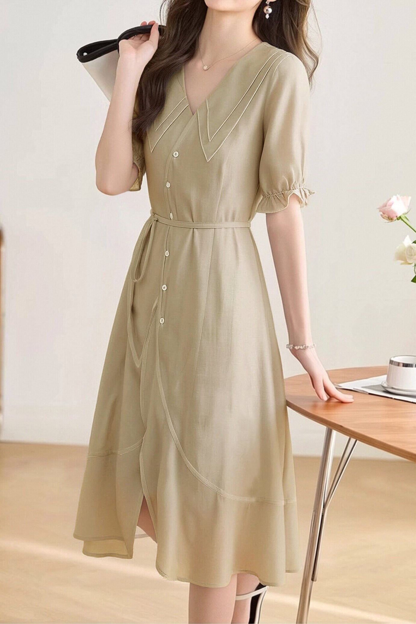 Elegant Lapel Puff Sleeve Slip Dress Two-Piece Set - liwisi