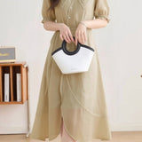 Elegant Lapel Puff Sleeve Slip Dress Two-Piece Set - liwisi