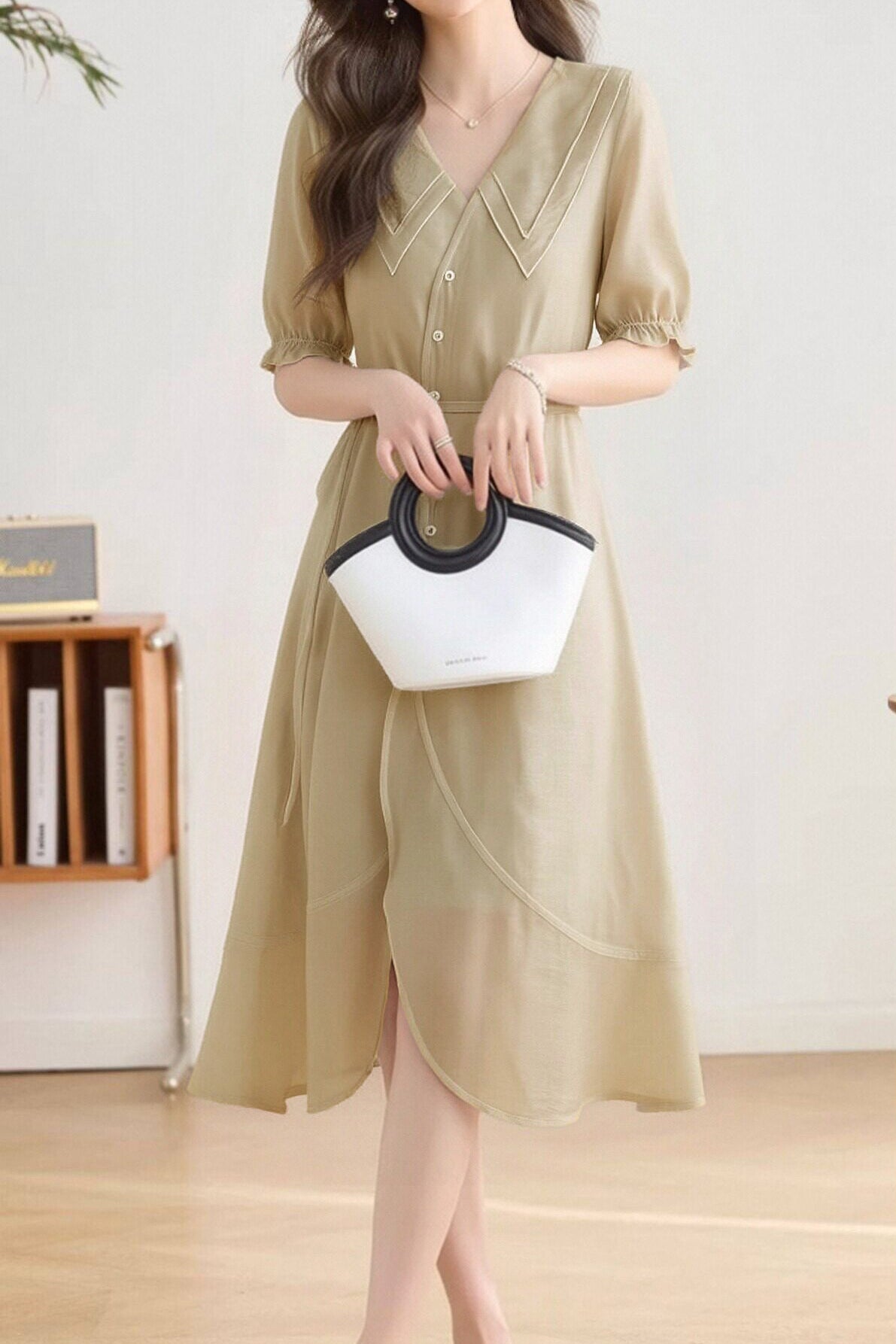 Elegant Lapel Puff Sleeve Slip Dress Two-Piece Set - liwisi