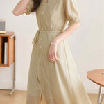 Elegant Lapel Puff Sleeve Slip Dress Two-Piece Set - liwisi