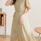 Elegant Lapel Puff Sleeve Slip Dress Two-Piece Set - liwisi