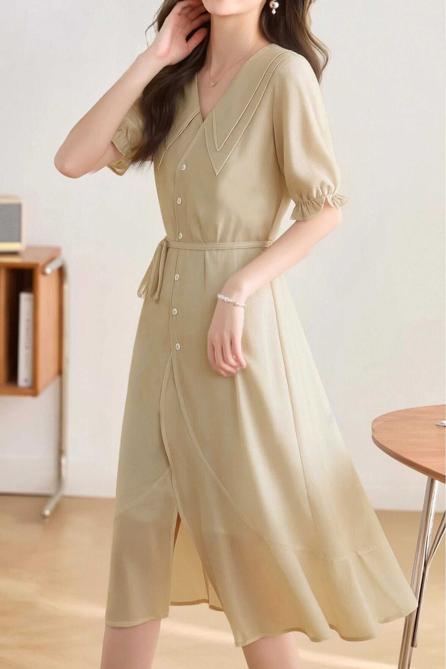 Elegant Lapel Puff Sleeve Slip Dress Two-Piece Set - liwisi