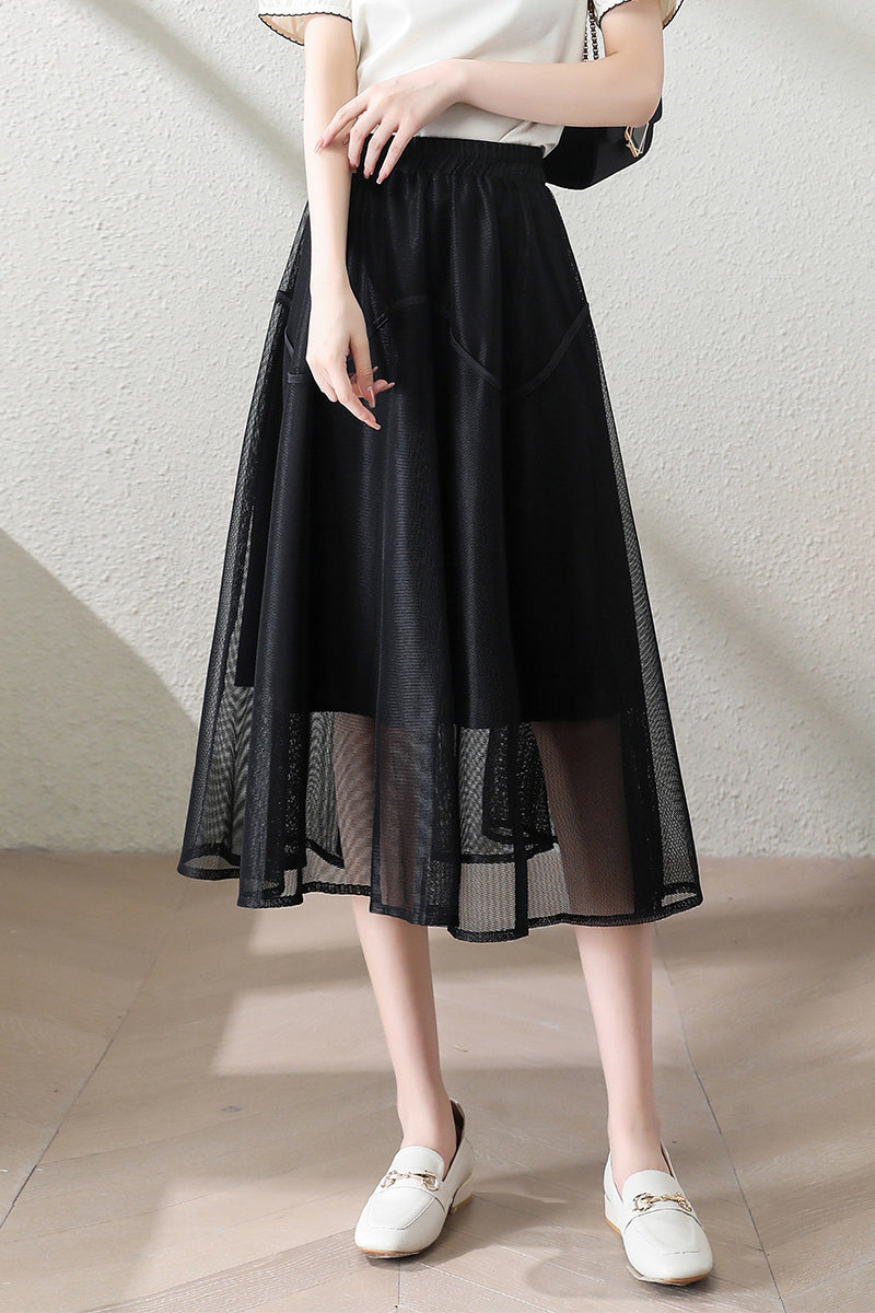 Casual Double Layer Mesh Stitch Trim Skirt - liwisi