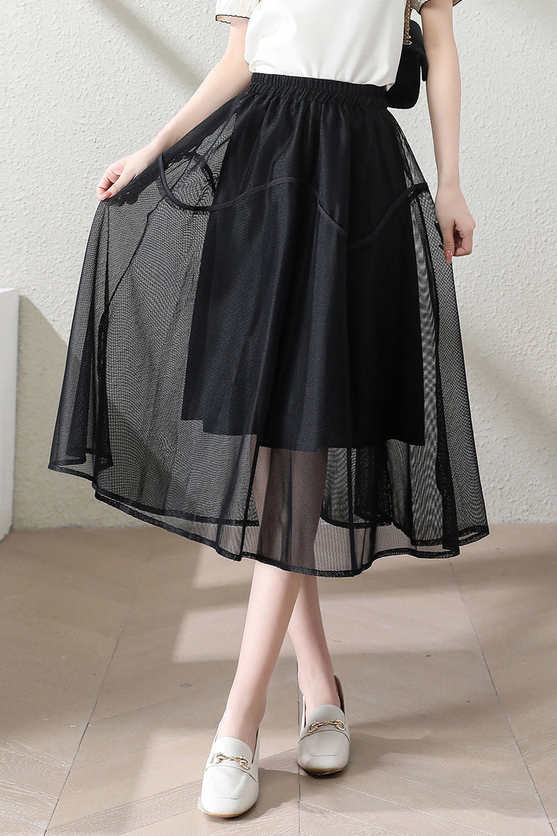Casual Double Layer Mesh Stitch Trim Skirt - liwisi