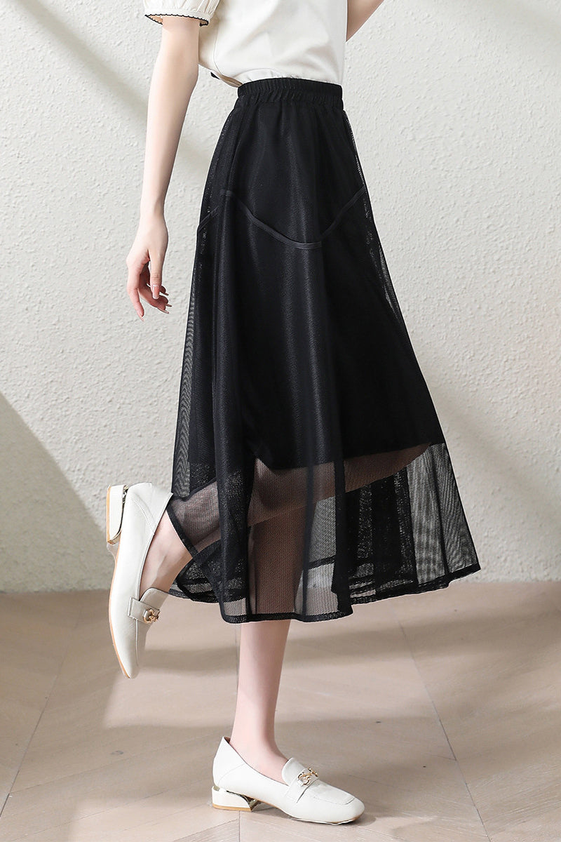 Casual Double Layer Mesh Stitch Trim Skirt - liwisi