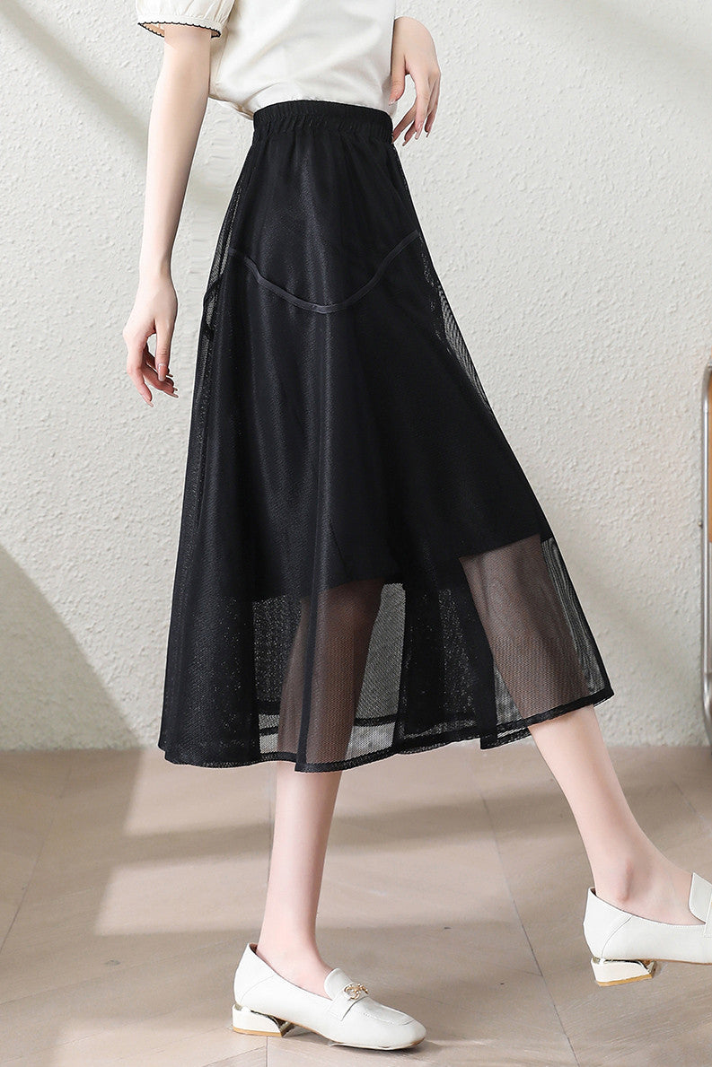 Casual Double Layer Mesh Stitch Trim Skirt - liwisi