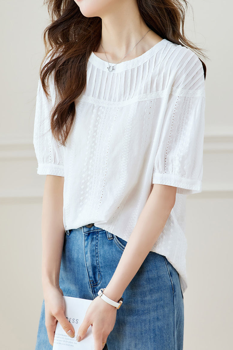 Casual Embroidery Pleated Short Sleeve Shirt - liwisi