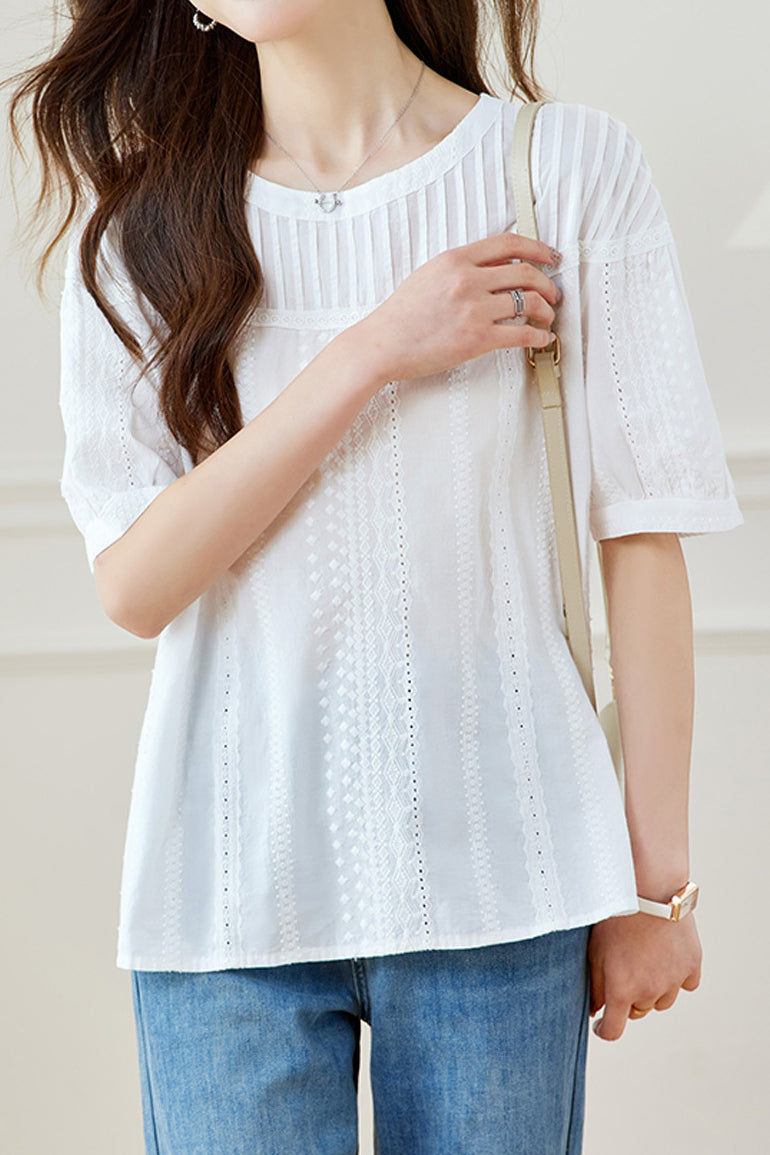 Casual Embroidery Pleated Short Sleeve Shirt - liwisi