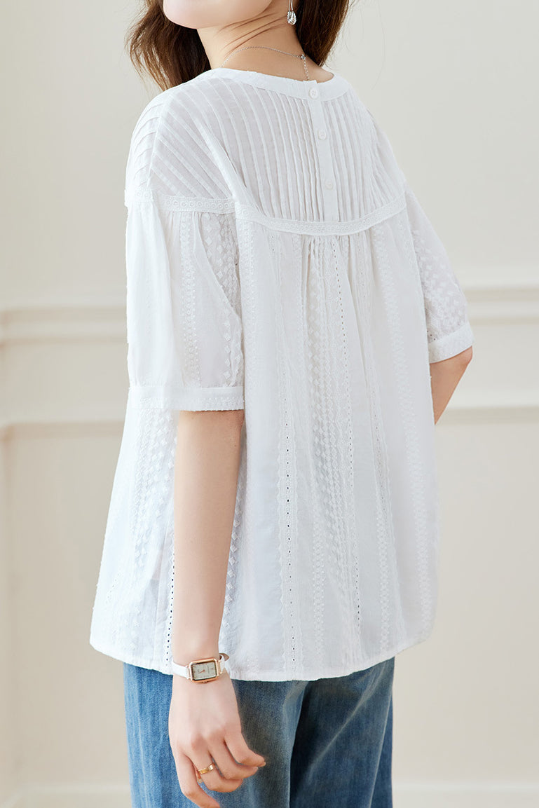 Casual Embroidery Pleated Short Sleeve Shirt - liwisi