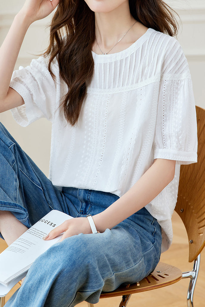 Casual Embroidery Pleated Short Sleeve Shirt - liwisi