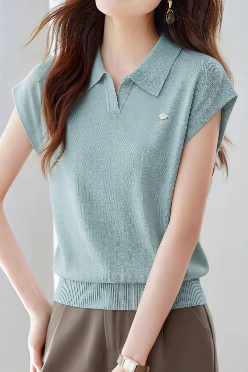 Casual Lapel Short Sleeve Knitted Top - liwisi