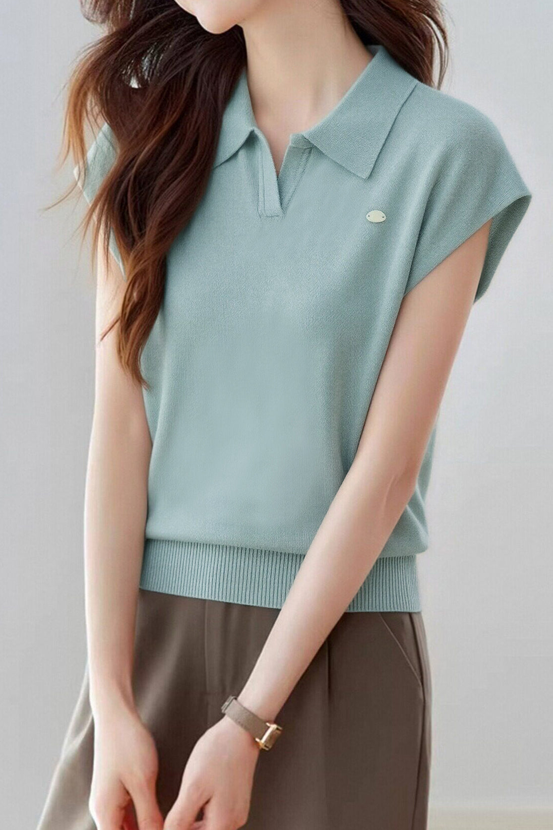 Casual Lapel Short Sleeve Knitted Top - liwisi