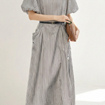 Casual V-Neck Puff Sleeve Striped Dress - liwisi