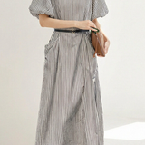 Casual V-Neck Puff Sleeve Striped Dress - liwisi