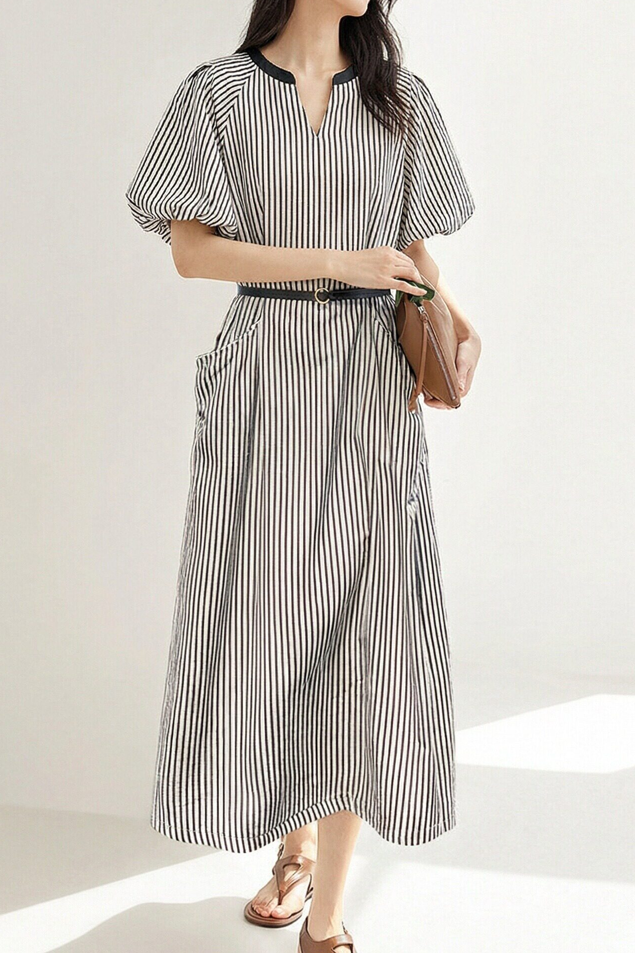 Casual V-Neck Puff Sleeve Striped Dress - liwisi