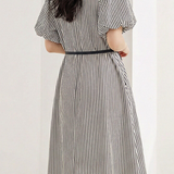Casual V-Neck Puff Sleeve Striped Dress - liwisi