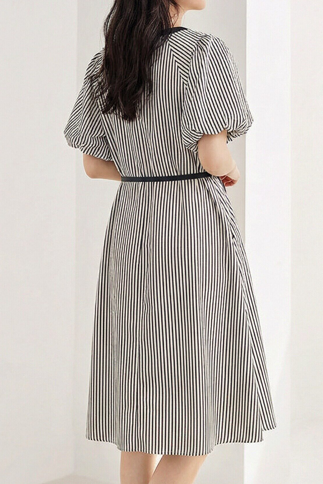 Casual V-Neck Puff Sleeve Striped Dress - liwisi