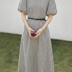 Casual V-Neck Puff Sleeve Striped Dress - liwisi