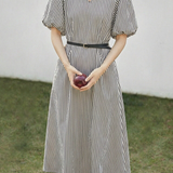 Casual V-Neck Puff Sleeve Striped Dress - liwisi