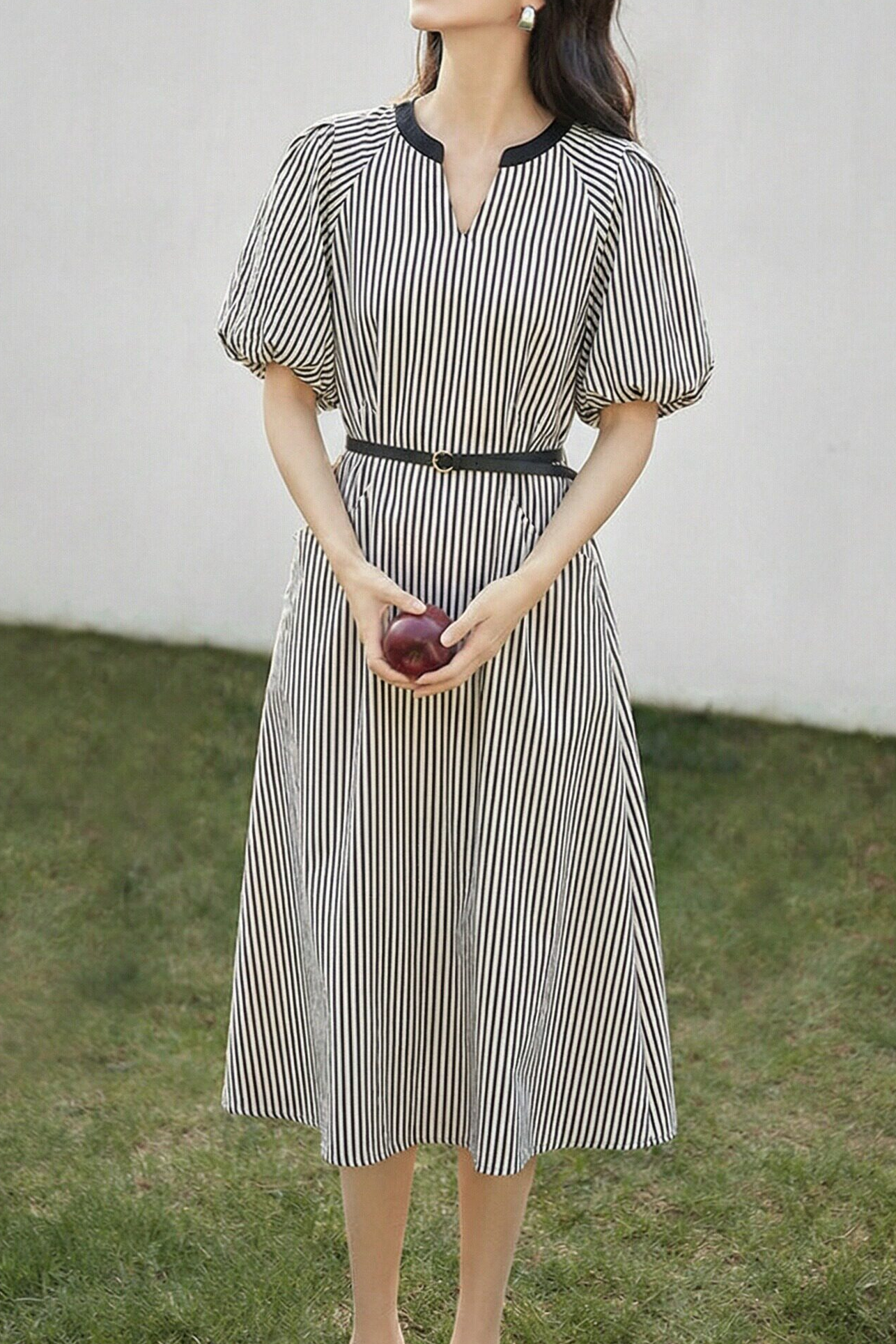 Casual V-Neck Puff Sleeve Striped Dress - liwisi