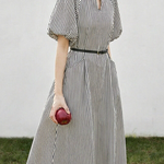 Casual V-Neck Puff Sleeve Striped Dress - liwisi
