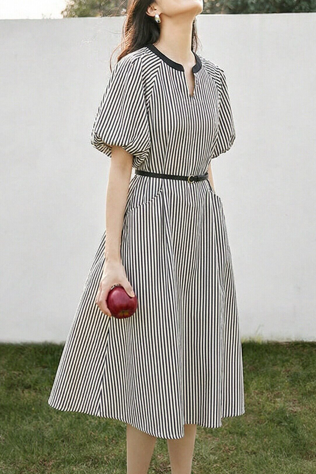 Casual V-Neck Puff Sleeve Striped Dress - liwisi