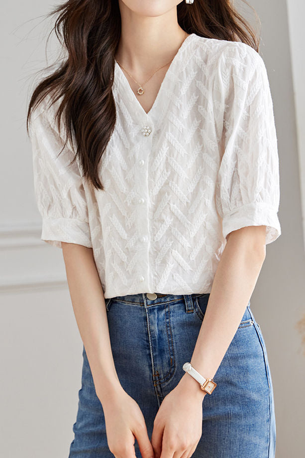 Casual V-Neck Puff Sleeve Shirt - liwisi