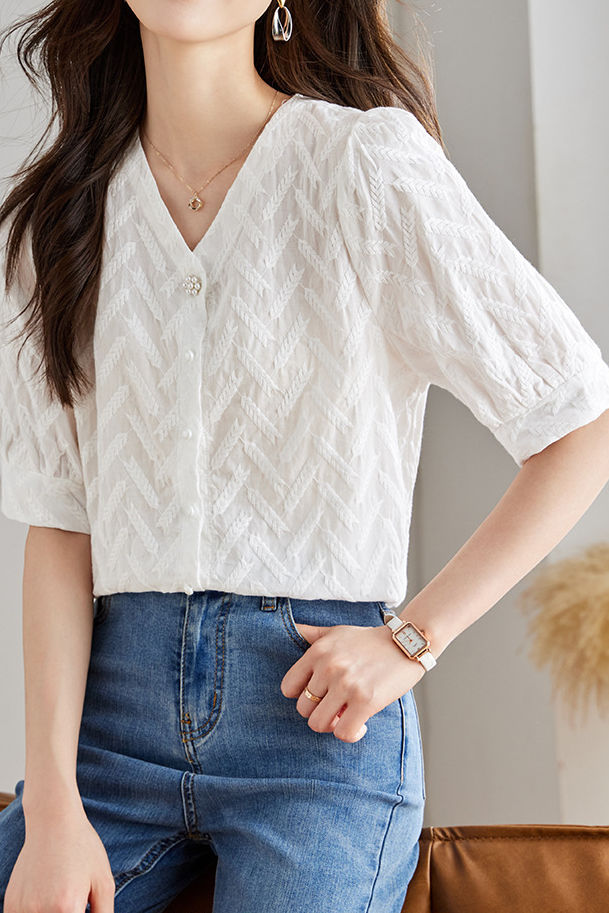 Casual V-Neck Puff Sleeve Shirt - liwisi