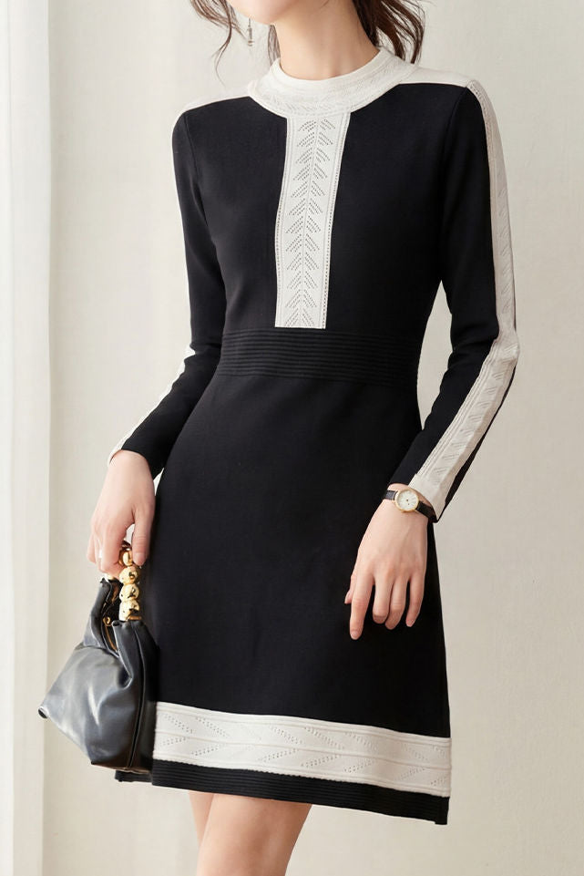 Casual Minimalist Color-Block Waist-Cinched Knit Dress - liwisi
