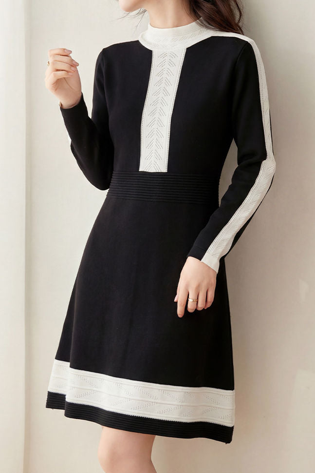 Casual Minimalist Color-Block Waist-Cinched Knit Dress - liwisi