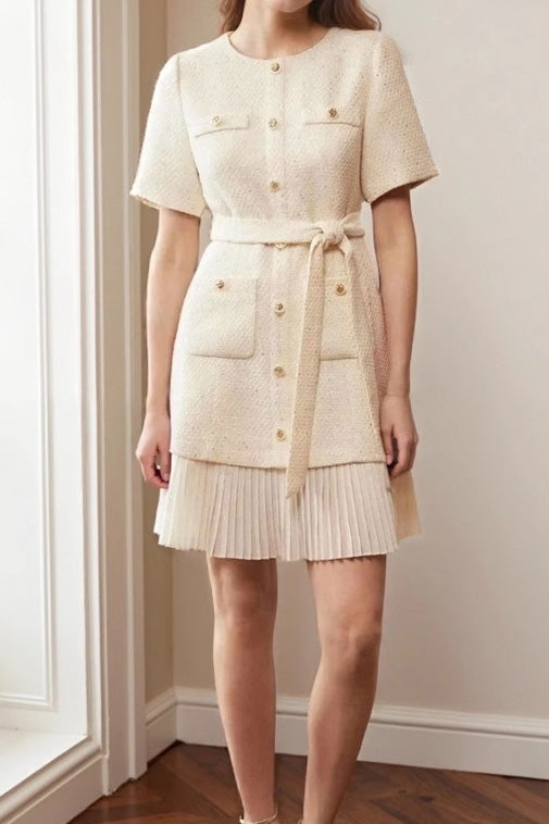 pleated cinched waist dress Aveloria Modichic Elegant Minimalist V-Neck Drop Shoulder Cinched Waist Dress With Pleated Skirt, Suitable For Commuting And Dating, High-End Design, Solid Color