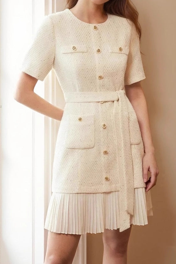 Elegant Buttoned Waist-Cinched Short Sleeve Pleated Dress - liwisi