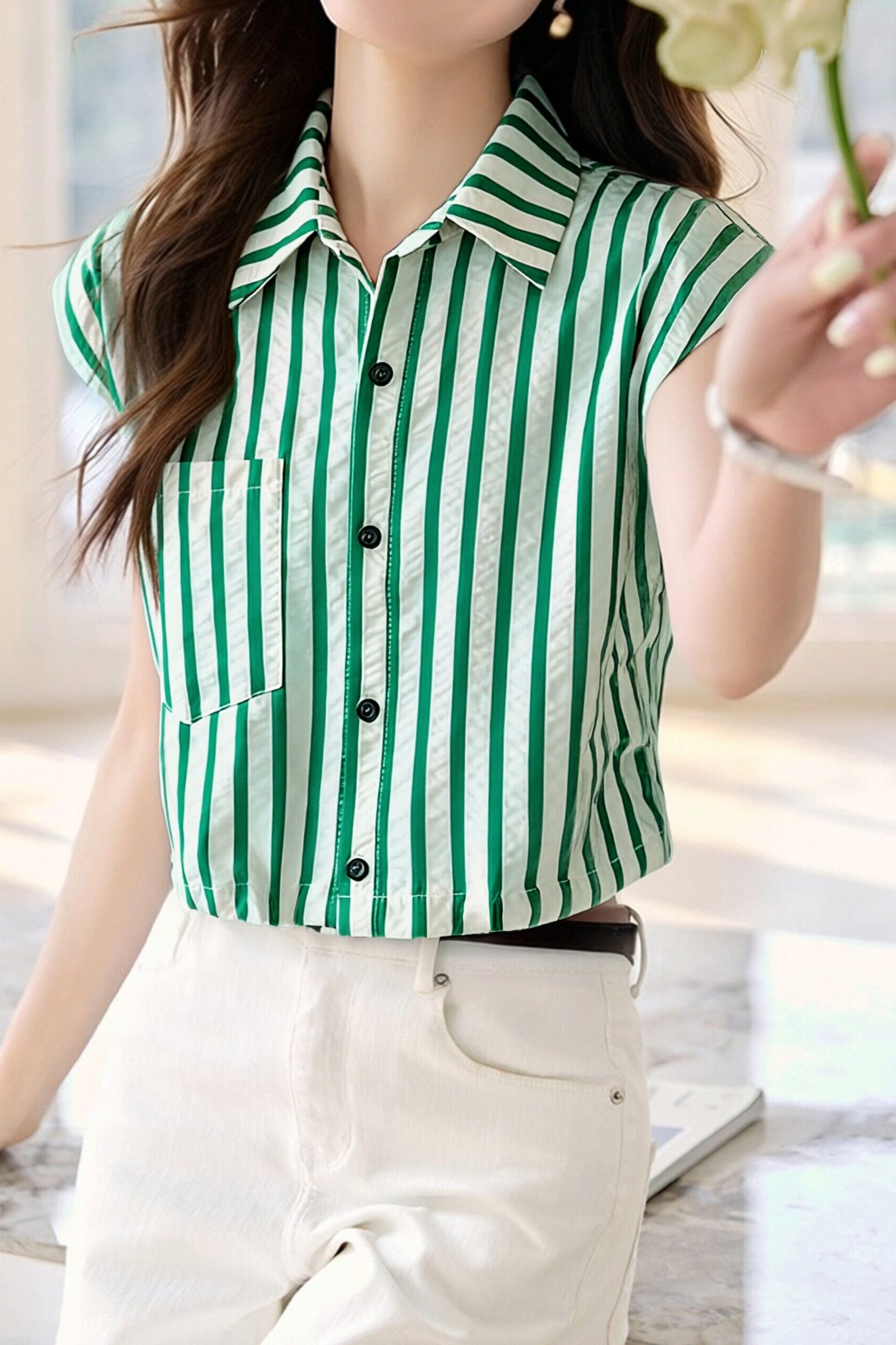 Casual Flutter Sleeve Striped Shirt - liwisi
