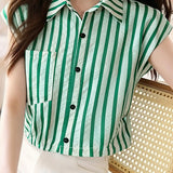 Casual Flutter Sleeve Striped Shirt - liwisi